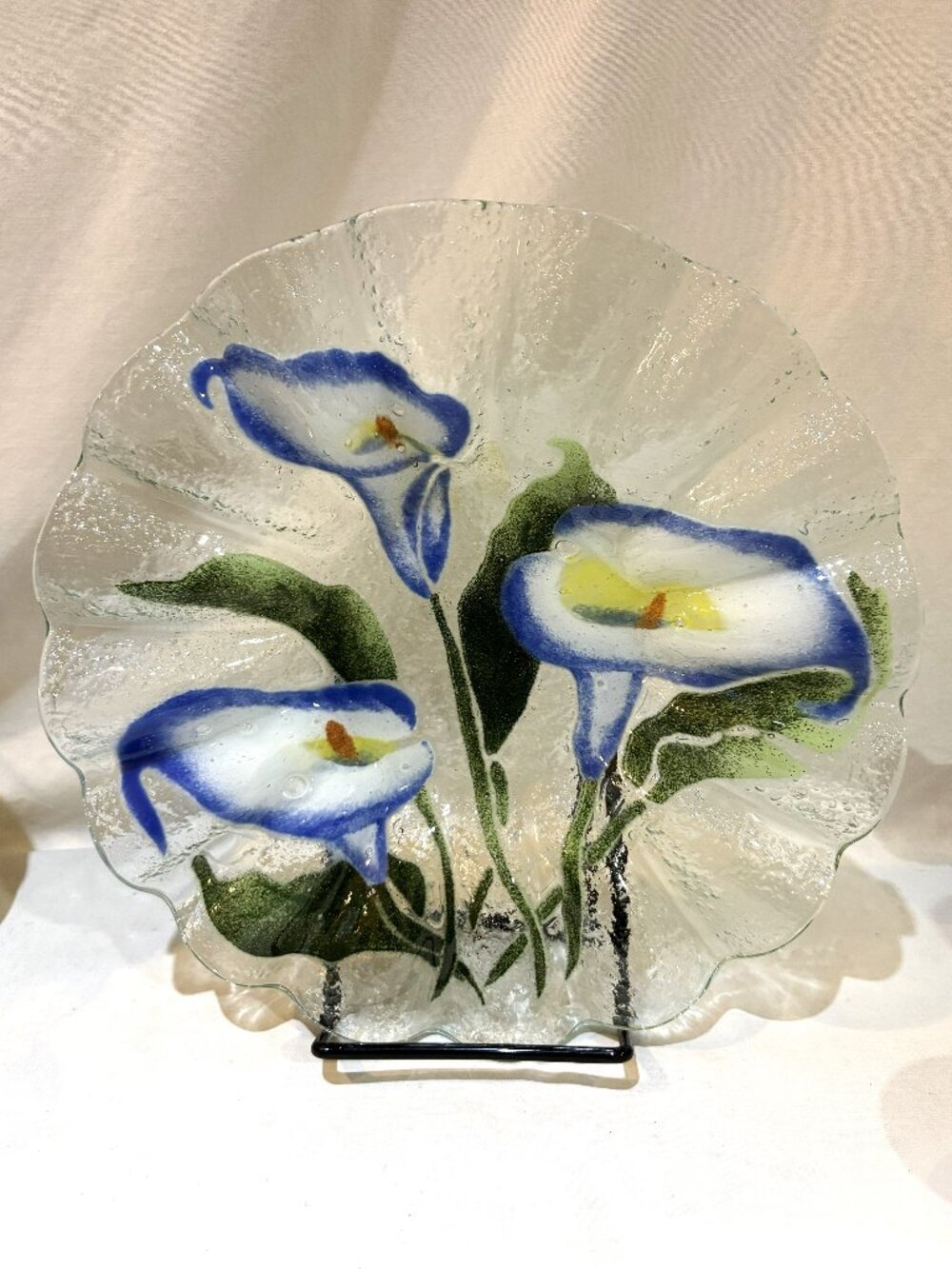 VTG Sydenstricker Fused Glass Calla Lily Ruffled Bowl Dish 10.25"